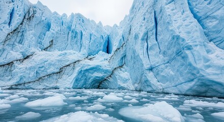 A majestic blue glacier wall with deep crevasses towers over icy arctic water filled with floating icebergs on a cold, overcast day, showcasing a powerful natural landscape