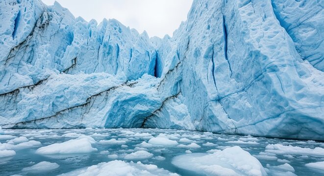A majestic blue glacier wall with deep crevasses towers over icy arctic water filled with floating icebergs on a cold, overcast day, showcasing a powerful natural landscape