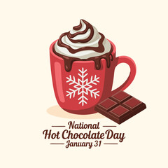 National Hot Chocolate Day vector. Red mug of hot chocolate with whipped cream vector. Cup of cocoa illustration. Winter beverage drawing. January 31.