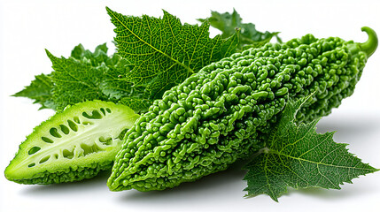 Fresh Bitter Melon with Leaves and Cut Interior Slice, Whole and Sliced Bitter Gourd Displayed on Leaf Background