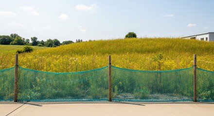 Fototapeta premium A green plastic safety net fence on wooden posts separates a paved area from a sunlit field of yellow wildflowers on a rural property under a clear blue sky