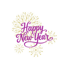 Happy new year calligraphy with fireworks isolated on white background