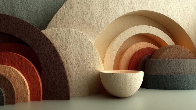 abstract arrangement of colorful geometric shapes on a textured wall, warm browns and cool grays, soft lighting creating depth,