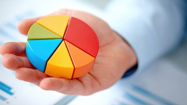 Hand holding a colorful 3D segmented pie chart model symbolizing data visualization, analytics, and business presentation.