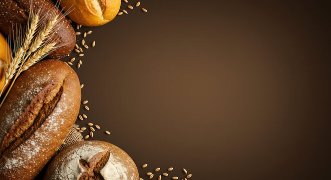 Artisan loaves of bread and wheat ears on dark brown background with space for text
