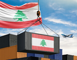 Lebanon's Trade: A symbolic representation of international trade, showcasing the Lebanese flag emblazoned on a container, symbolizing the nation's economic connections and global presence.