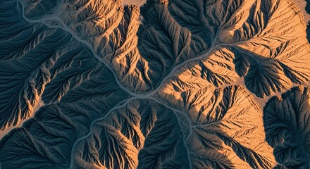 A stunning aerial top-down view of a winding dirt road through a vast, eroded desert landscape with intricate patterns and dramatic shadows cast by the warm golden hour sunlight