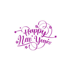 Happy new year text with stars and swirls isolated on white background
