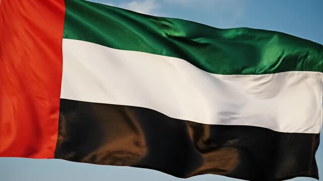 Seamless silk UAE flag motion, four-color stripes softly flowing in realistic rhythm.
