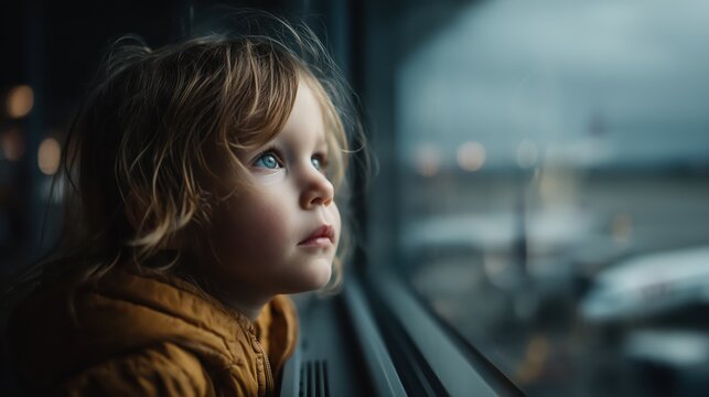 Child gazes out the window at the airport with curiosity as planes prepare for departure on a cloudy day