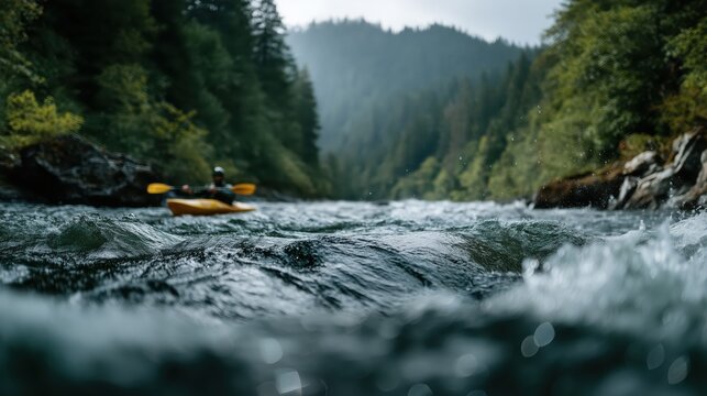 Paddling through serene waters surrounded by misty mountains in an exhilarating kayaking adventure