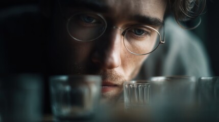 Focused examination of a young man's intense gaze on delicate glassware in a quiet setting