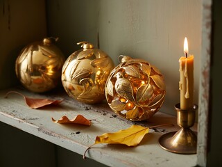 Gilded orbs adorned with intricate embossing sit beside a flickering candle and fallen autumn leaves on a dusty shelf
