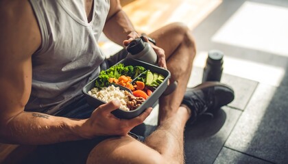 Fototapeta na wymiar Healthy Meal Prep: Man with Tattoo Eats Post-Workout Rice and Vegetables