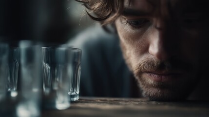 Thoughtful man contemplates life while gazing at empty glasses on a rustic table in a cozy, dimly lit room