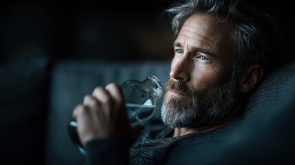 Man reflecting thoughtfully while enjoying a moment of calm with a bottle of water at home during evening hours