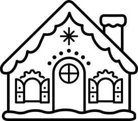 Obraz premium Winter Gingerbread house cookie outline and template isolated. Children's Christmas activity coloring page. Gingerbread house line icon. Transparent background.