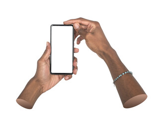 Phone in both hands. African American man using smartphone, holding device with blank screen for app