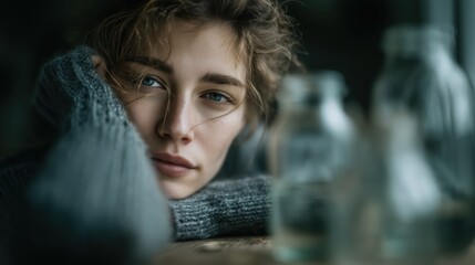 Soft sunlight bathes a woman in a cozy sweater while she gazes thoughtfully through the window, creating a serene moment