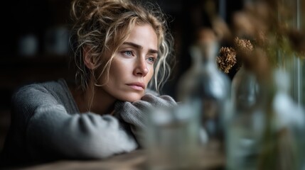 Reflective moment captured during a quiet afternoon spent indoors amidst vintage glass bottles and dried flowers