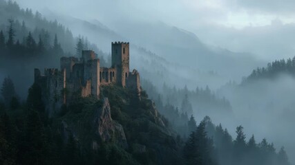 Ancient castle in misty forest with towering pines and rolling hills - Powered by Adobe