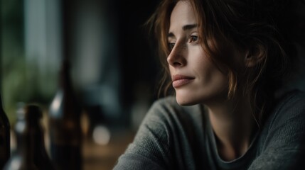 Contemplative moment of a woman lost in thought in a cozy indoor setting during late afternoon