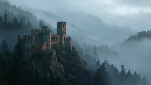 Ancient castle in misty forest with towering pines and rolling hills