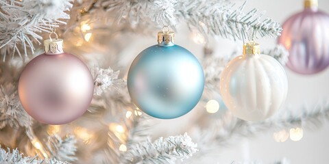 White Christmas tree with pastel-colored ornaments and fairy lights, decorated with a soft, blurred background.