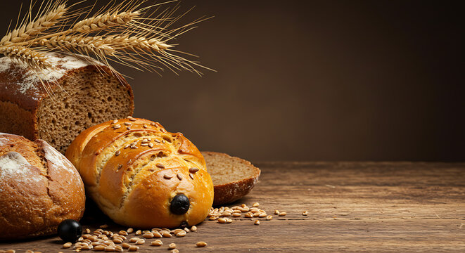 Fresh baked multigrain bread with wheat and grains on rustic wooden table