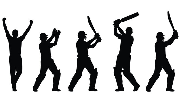 Cricket players silhouettes action shots sport game illustration