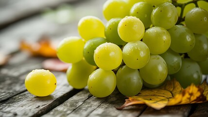 A close up macro shot of fresh green grapes with autumn leaves on a rustic wooden surface