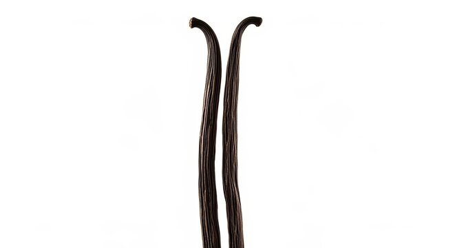 Two fragrant vanilla beans, a popular aromatic spice used for flavoring in baking and desserts, stand vertically isolated on a clean, minimalist white background in a studio shot