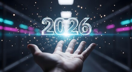 Human hand presenting the glowing number 2026 in a futuristic tunnel.