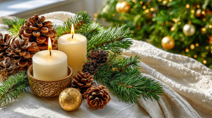 Joyful holiday decorations with candles, pinecones, and a festive tree, creating a warm atmosphere during the winter season in a cozy home setting