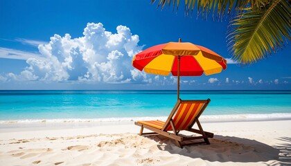 Obraz premium Idyllic beach scene depicting tranquility with a colorful umbrella and a chair