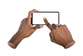 Phone in both hands. African man tapping smartphone held in horizontal orientation, interacting with