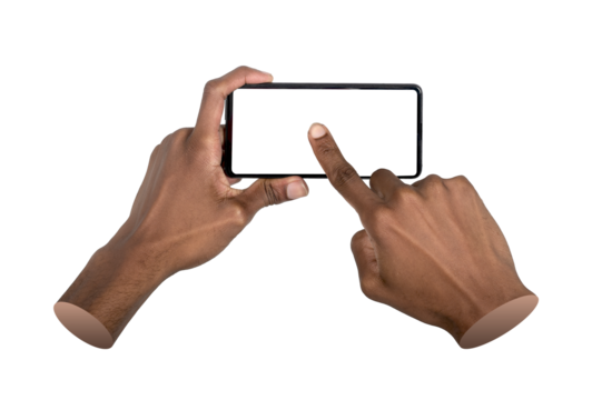 Phone in both hands. African man tapping smartphone held in horizontal orientation, interacting with