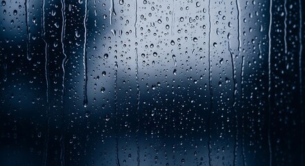 Abstract dark blue background with water droplets on a transparent surface
