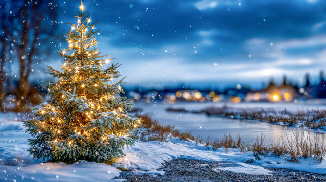 Winter night scene with a beautifully decorated Christmas tree glowing by the frozen lake amidst softly falling snow - Powered by Adobe
