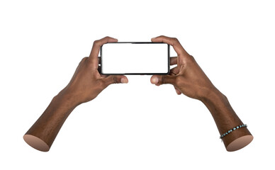 Phone in hand. African American man holding smartphone in horizontal orientation, showing blank