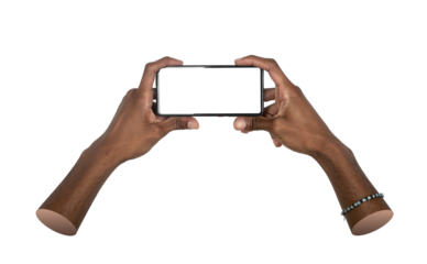 Phone in hand. African American man holding smartphone in horizontal orientation, showing blank