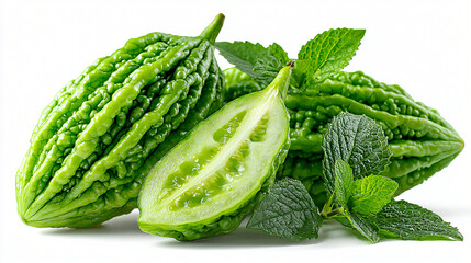 Fresh Bitter Melon with Mint Leaves and Cut Slice, Whole and Sliced Bitter Gourd Displayed with Mint Greens