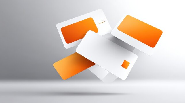 A modern design featuring floating cards with orange accents against a minimalist background, conveying a sense of innovation and technology.