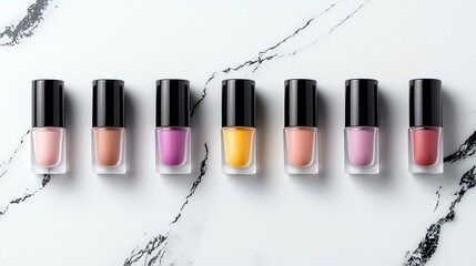 A collection of seven nail polish bottles in various pastel and vibrant colors are neatly arranged in a row on a white marble surface.