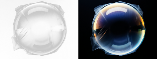 Soap Bubble in Two Styles Grayscale and Colorful. Abstract, Iridescent Effect. Spherical, Shiny, Reflective, Background Dark.