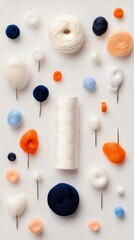 A collection of various sizes and colors of yarn balls and spools of thread are artfully arranged on a white textured surface.
