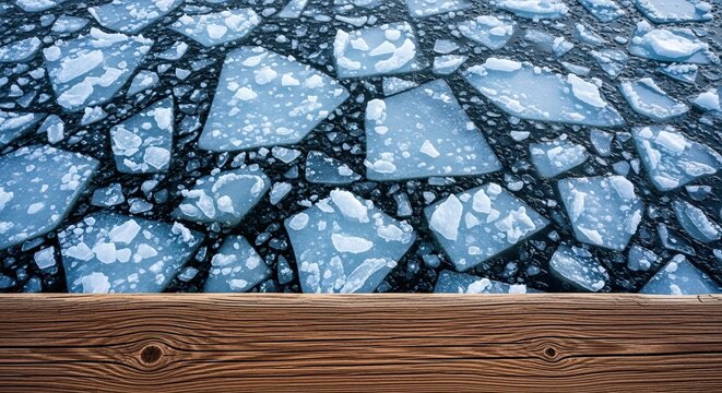 A rustic wooden plank with a prominent grain serves as a foreground for a cold, dark body of water filled with floating blue ice floes, creating a natural winter background
