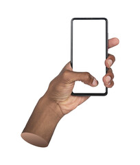 Phone in hand. African male touching smartphone screen with thumb as if taking photo, showing blank