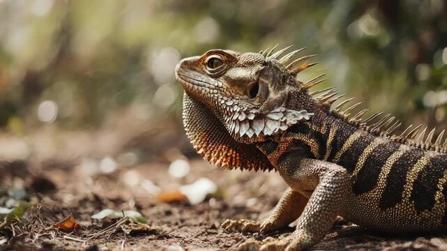 A detailed close-up of a vibrant lizard basking in the sun, showcasing its unique patterns and textures