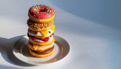 A vibrant stack of colorful donuts with mixed toppings and flavors placed on a simple plate, isolated on a white background